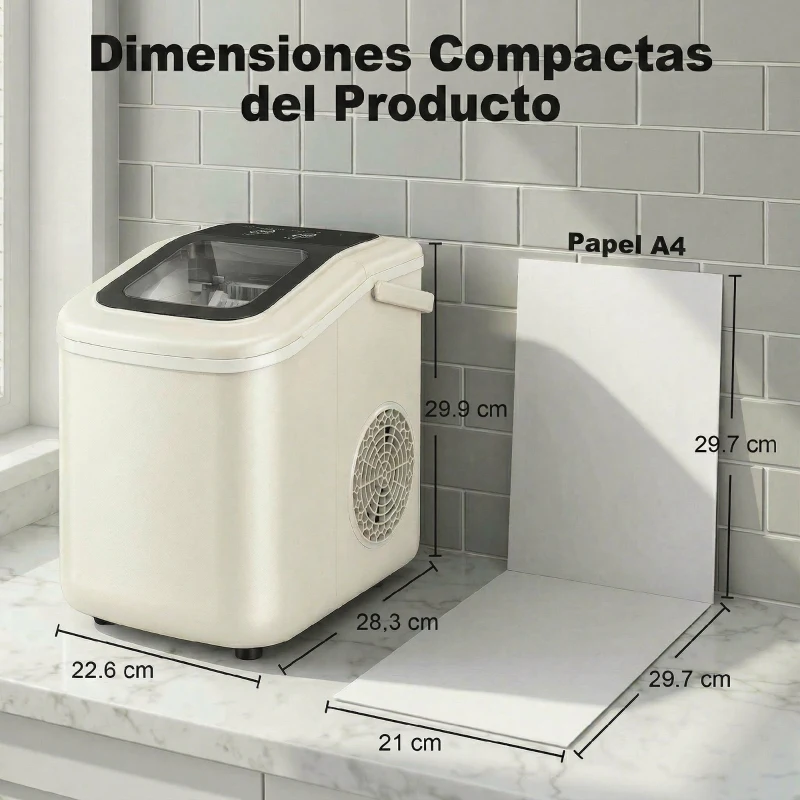 HOMCOM Máquina de Hielo Autolimpiable 12 kg/24H 9 Cubitos Listos en 7 Minutos 2 Tamaños de Hielo 1,2L Depósito Beige