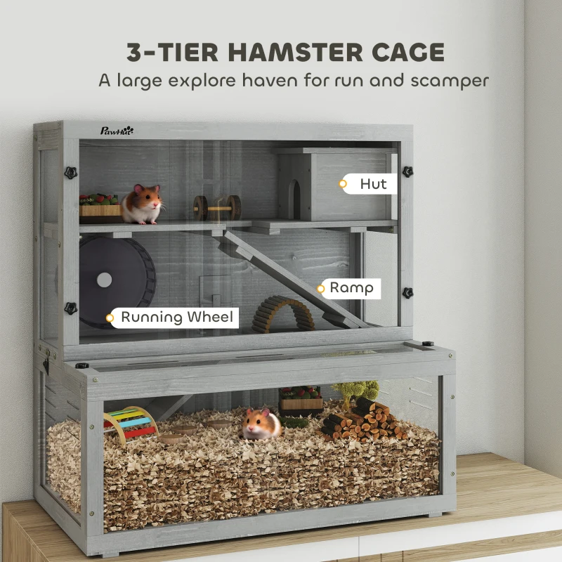 PawHut Wooden Hamster Cage with Hut, Wheel, Ramps, Removable Viewing Panels, 80 x 50 x 84 cm, Grey