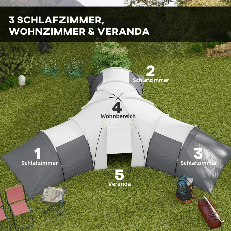 Outsunny Kampeertent voor 6-9 personen, 4 kamers, voortent, waterdicht, 615x 615x225cm, Grijs