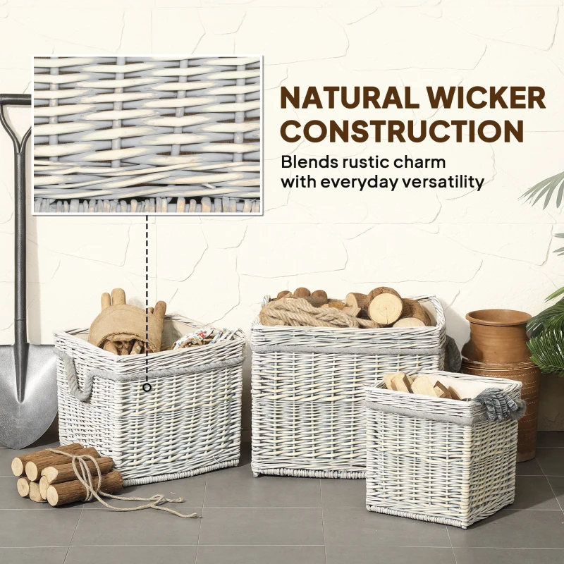 Outsunny Set of 3 Log Baskets for Wood Burner Indoor, Storage Basket with Lining and Rope Handles, Wicker Basket for Fireside Storage, Blankets, Beige