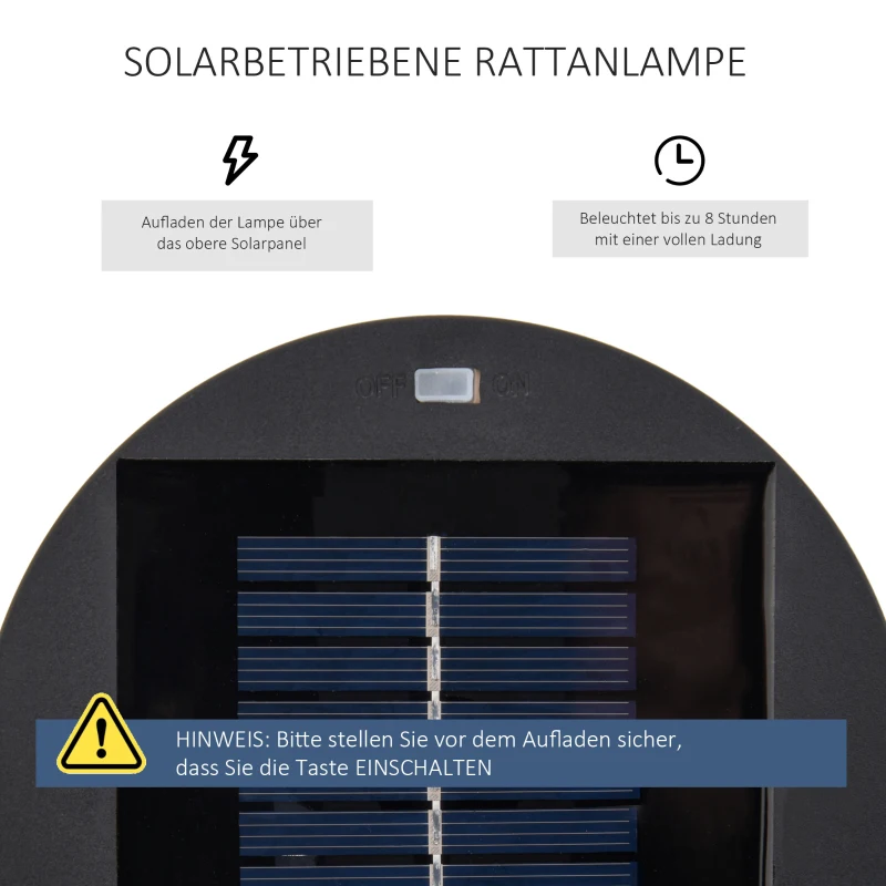 Outsunny Tuinlamp, Buitenlamp, op zonne-energie, 8 uur werking, Automatische modus, Rattan-look, 21,5 x 21,5 x 61 cm