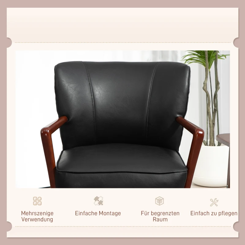 HOMCOM Accentstoel, Brede Zitting, Lederlook, Houten Frame, tot 120 kg, 67x77x80 cm, Zwart(m-6)