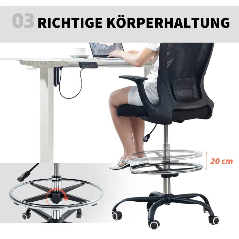 HOMCOM In hoogte verstelbare bureaustoel met verstelbare voetring, lendensteun, 62 x 59 x 119 cm, zwart