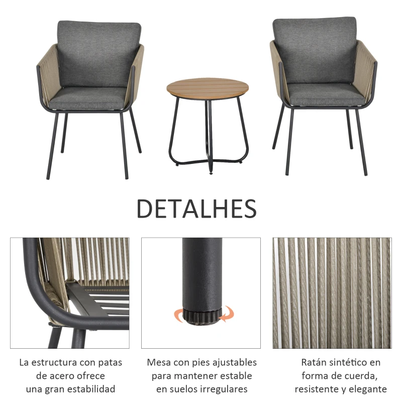 Outsunny Conjunto de Muebles de Jardín Juego de 3 Piezas Muebles de Ratán 1 Mesa Redonda y 2 Sillas Butaca con Cojines Acolchados para Balcón Terraza Acero Caqui y Gris