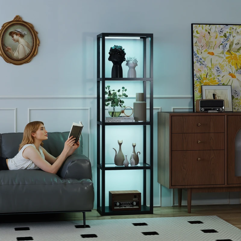 HOMCOM RGB met Glazen Planken, 4-laags met Afstandsbediening, Muzieksynchronisatie, Zwart