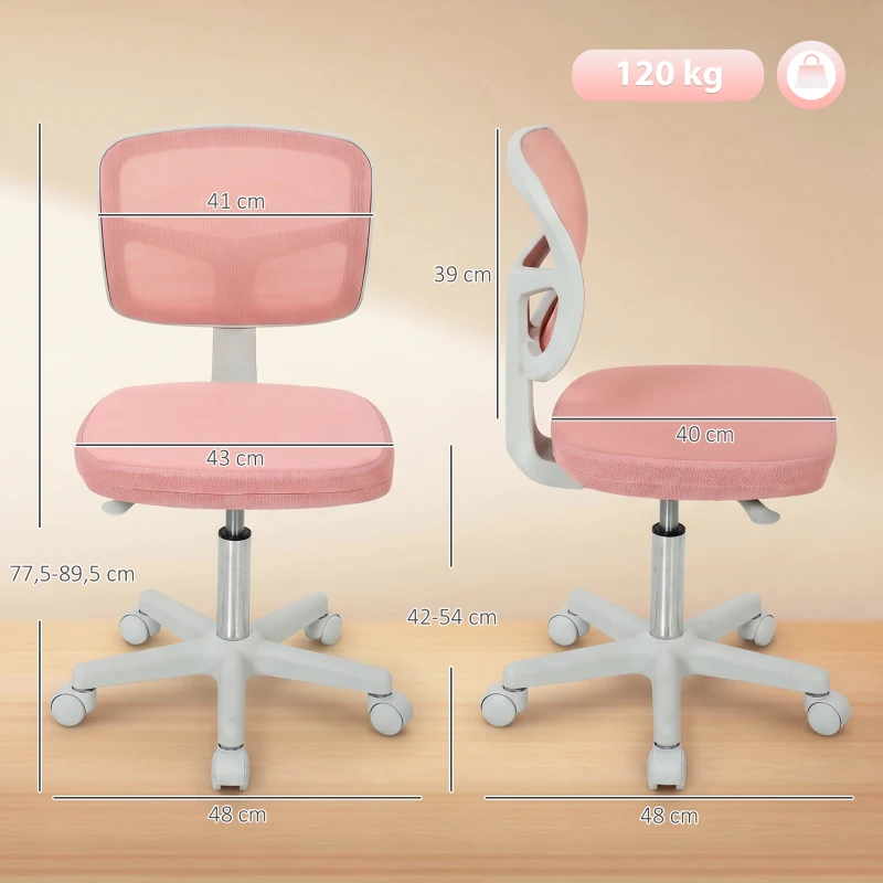 Vinsetto Chaise de Bureau Ergonomique Sans Accoudoirs, Fauteuil de Bureau Pivotant, Dossier Courbé en Maille et Roulettes, Rose