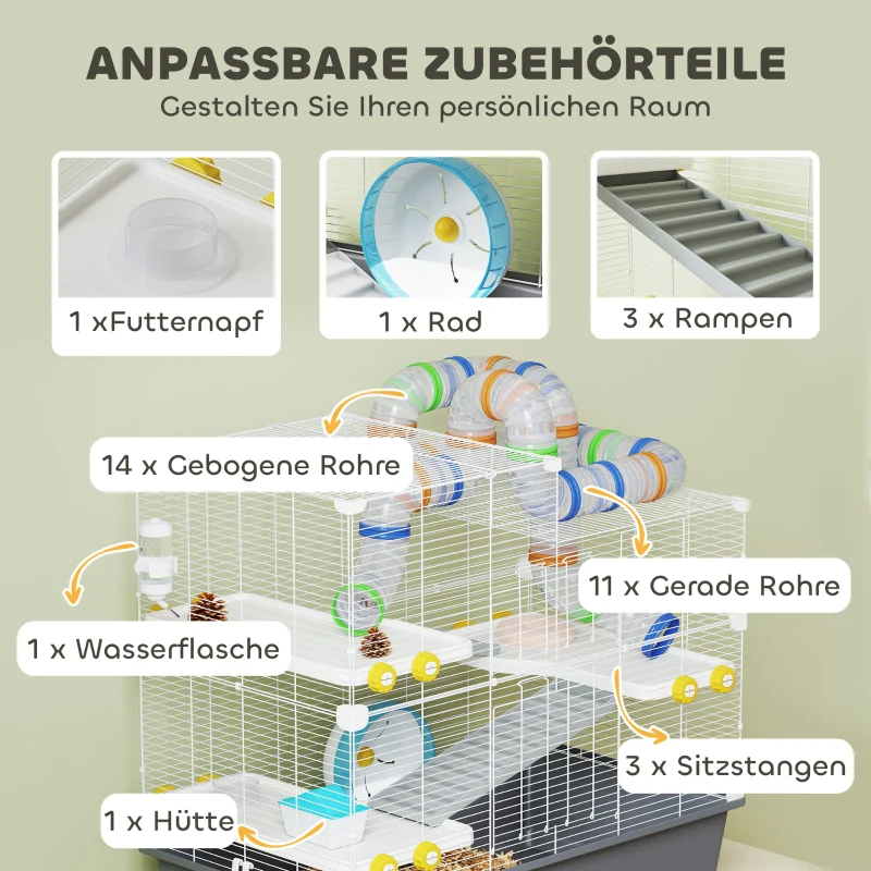 PawHut Dwerghamsterkooi, 4 niveaus, tunnelsysteem, hut, accessoires, bovenopening, 78 x 45 x 73 cm, Grijs