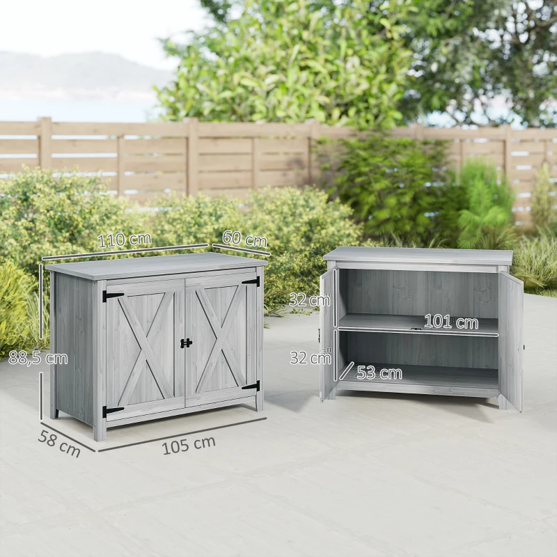 Outsunny Tuinkast, houten kast voor tuingereedschap, outdoor kast voor terras, met dubbele deuren, schuurdesign, lichtgrijs