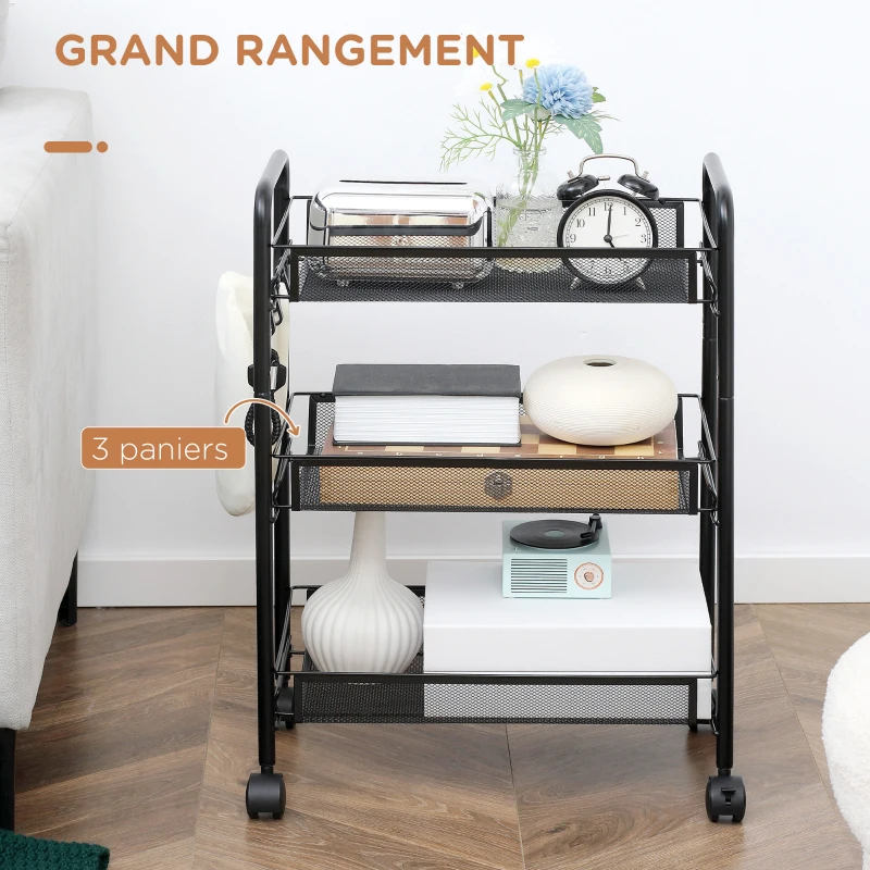 HOMCOM Chariot à 3 niveaux avec paniers desserte à roulettes chariot de rangement roulante 45 x 26,5 x 63 cm Noir