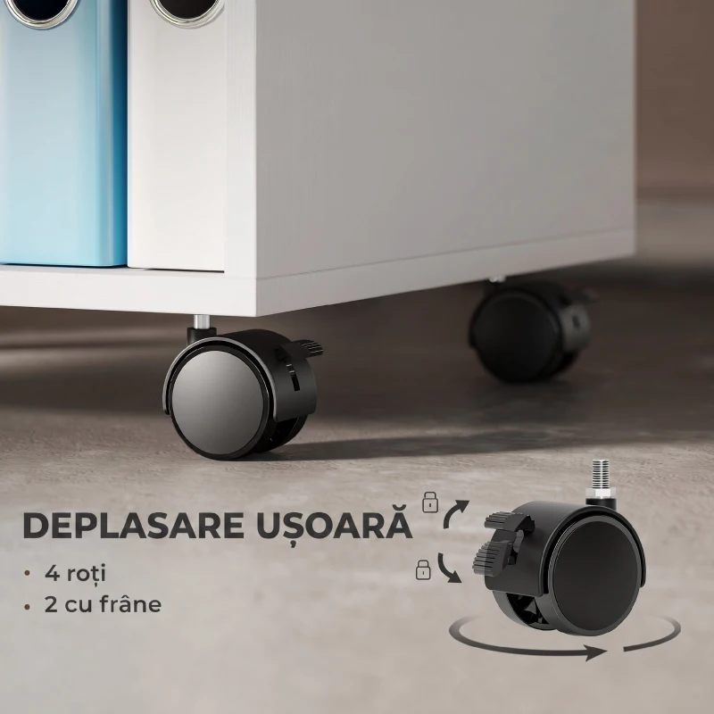 HOMCOM Dulap Mobil pentru Imprimantă cu Roți și 2 Rafturi Deschise din Lemn, 40x35x55.5 cm, Alb