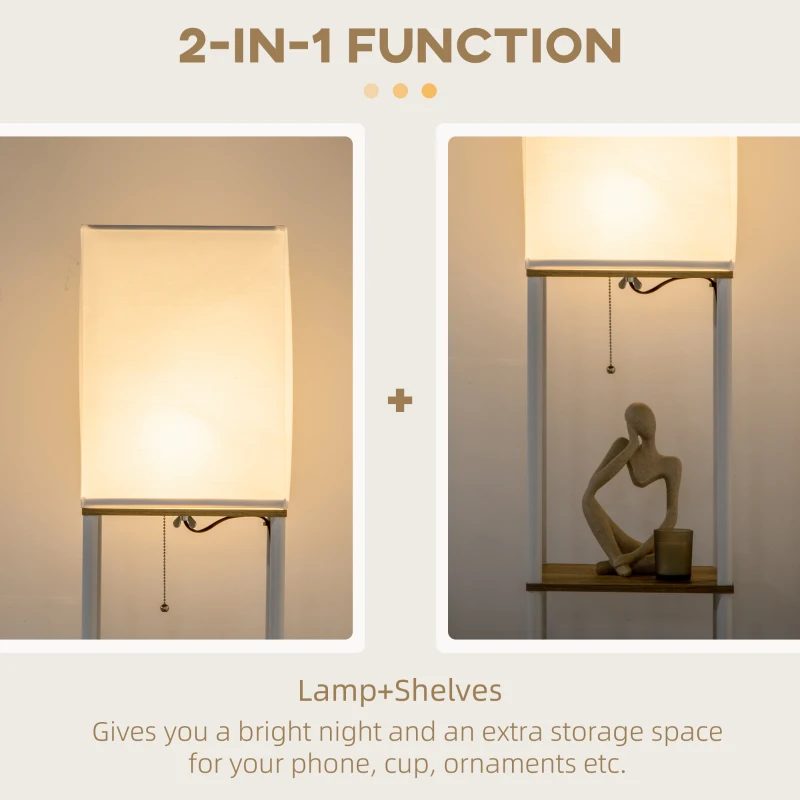 HOMCOM Modern Metal Floor Lamp with Shelves, 3 Layer Shelf Tall Standing Lamp with Fabric Lampshade, Pull Chain Switch for Living Room, Bedroom, Bulb not Included, White