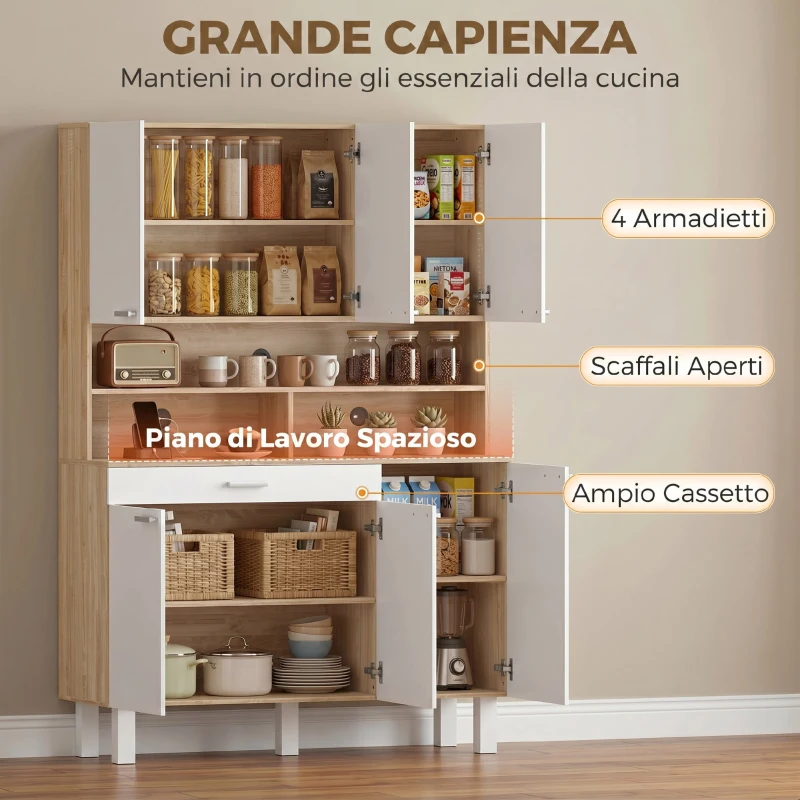 HOMCOM Credenza Cucina con Ripiani Aperti, 4 Armadietti e Cassetto, in Legno e Metallo, 120x40x175 cm, Bianco e Legno