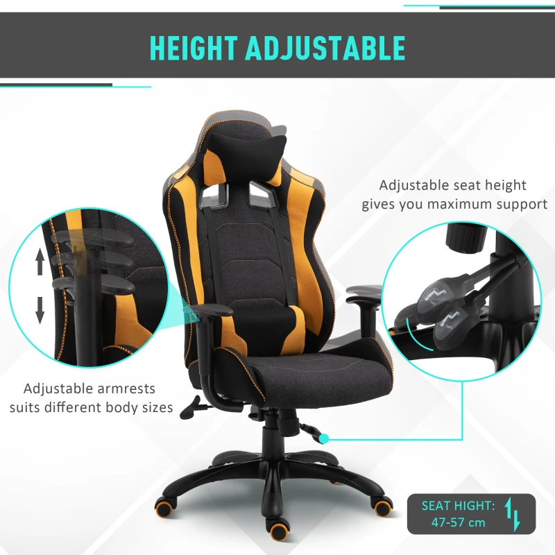 Vinsetto Stylish Racing Gaming Chair Yellow Panels Ergonomic Design 360° Swivel Adjustable Height Arms w/ Neck Back Pillow Home Gaming Seat Chair - Black&Yellow