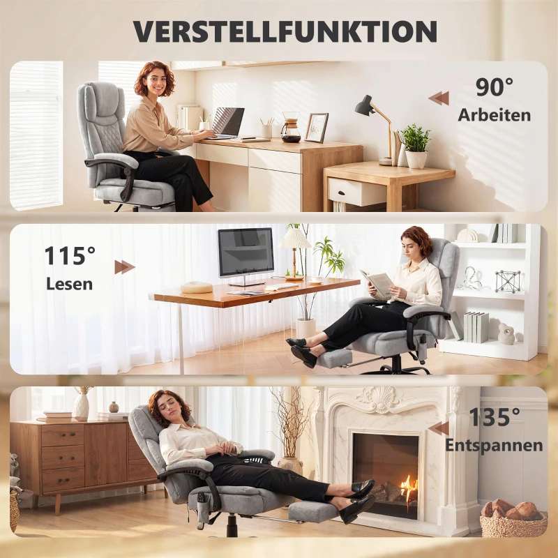 HOMCOM Hoge rug massage-bureaustoel met vibratie, warmtefunctie, verstelbare rugleuning, voetensteun, afstandsbediening, grijs