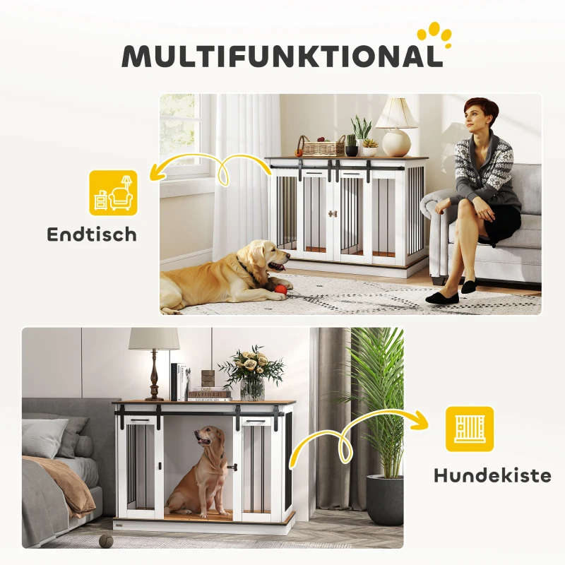 PawHut Hondenbench met 2 Deuren, Hondenbox, Transportbox voor Honden, Rustiek Ontwerp, Vergrendelbaar, Wit(m-4)