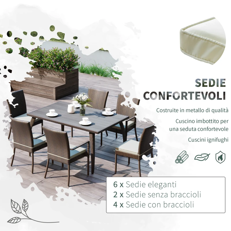 Outsunny 7 pz Set da Pranzo da Giardino Tavolo da Esterno con 6 Sedie, Mobili da Giardino in Rattan PE e Acciaio con Cuscini Lavabili, Marrone e Crema