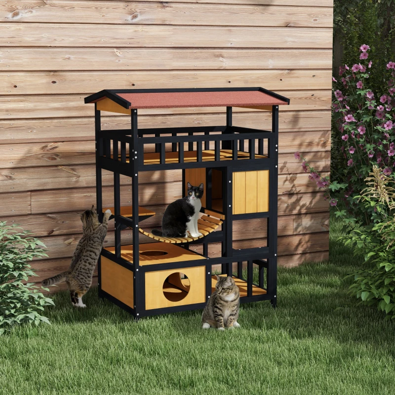 PawHut Kattenhuis, Kattenparadijs met Platformen, Hangbrug en Kattenholen, Geschikt voor tot 2 Katten, Hout