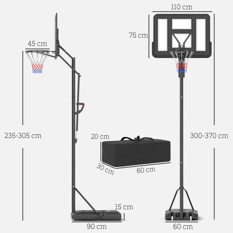 SPORTNOW Basketbalstandaard, Hoogteverstelbare Korhoogte 235-305 cm, Vulbare Basis met Wielen, Zwart