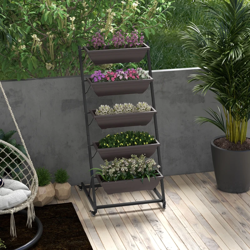 Outsunny 5-laags plantenrek, 145 cm hoog bloementoren met wieltjes en potten, stalen plantenplanken Bruin