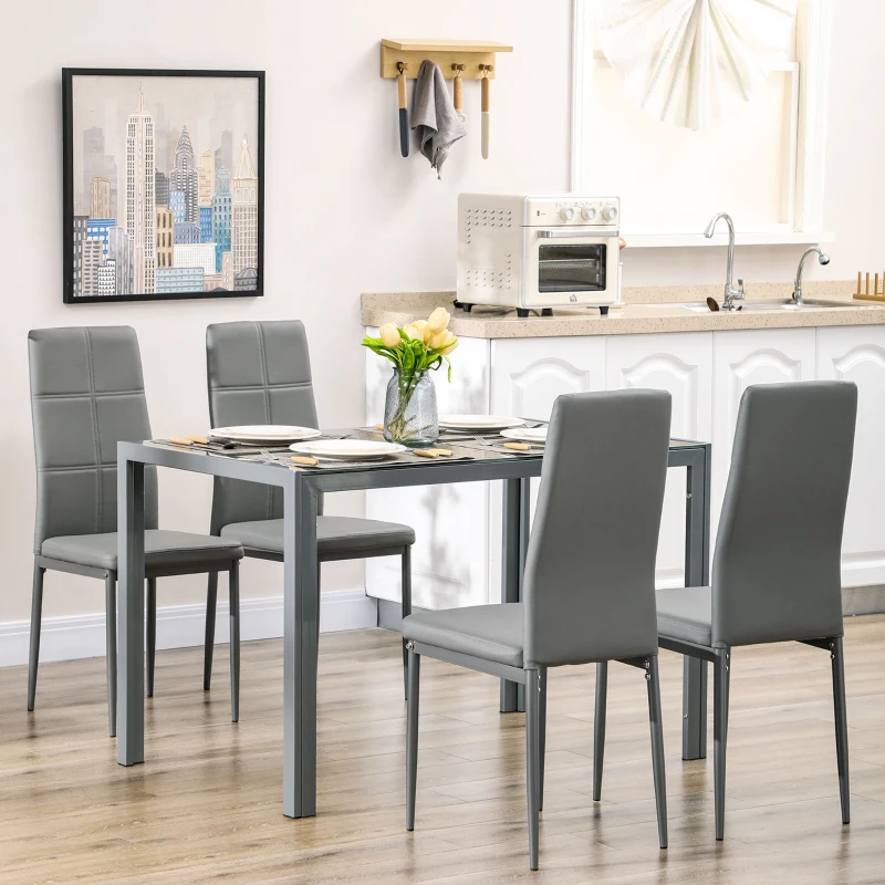 HOMCOM Conjunto de Comedor de Mesa y 4 Sillas 5 Piezas Mesa Rectangular de Vidrio Templado y Sillas Tapizadas en PU Gris