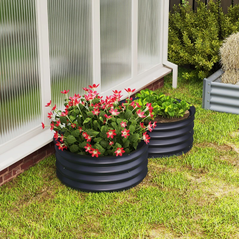Outsunny 2-delige set verzinkte plantenbakken, Ø60 x 30H cm bloempotten met open bodem voor diverse planten, Donkergrijs