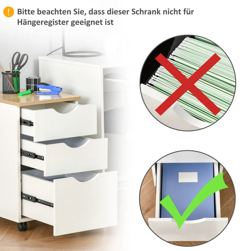 HOMCOM Rolcontainer archiefkast kantoorkast met 3 schuiflades 4 wielen MDF wit + naturel