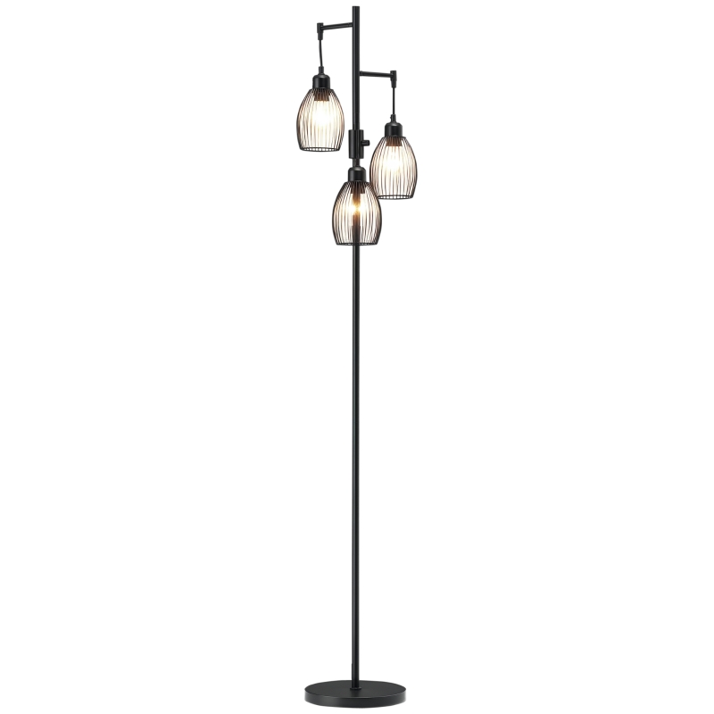 HOMCOM Lampadar Industrial cu 3 Abajururi și Intensitate Reglabilă, din Oțel, 30x30x170,5 cm, Negru