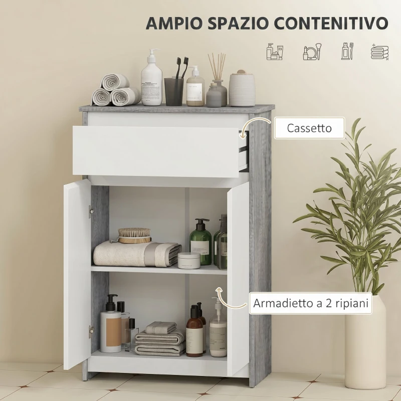 kleankin Mobile Bagno Autoportante con Cassetto e Ante Doppie, Grigio-Bianco