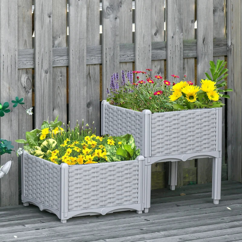 Outsunny Juego de 2 Jardineras de Exterior Cuadradas Imitación a Mimbre Combinación Libre para Jardín Patio 40x40x26/44 cm Gris
