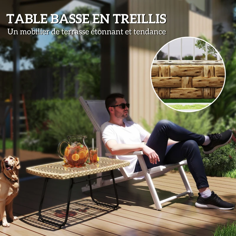Outsunny Table d'appoint de jardin en résine tressée, 90x50x45cm, table basse de jardin avec plateau en verre trempé, naturel
