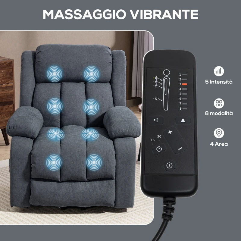 HOMCOM Poltrona Alzapersona Reclinabile a 135° in Tessuto Effetto Lino con Poggiapiedi, 91x93x103 cm, Grigio Scuro
