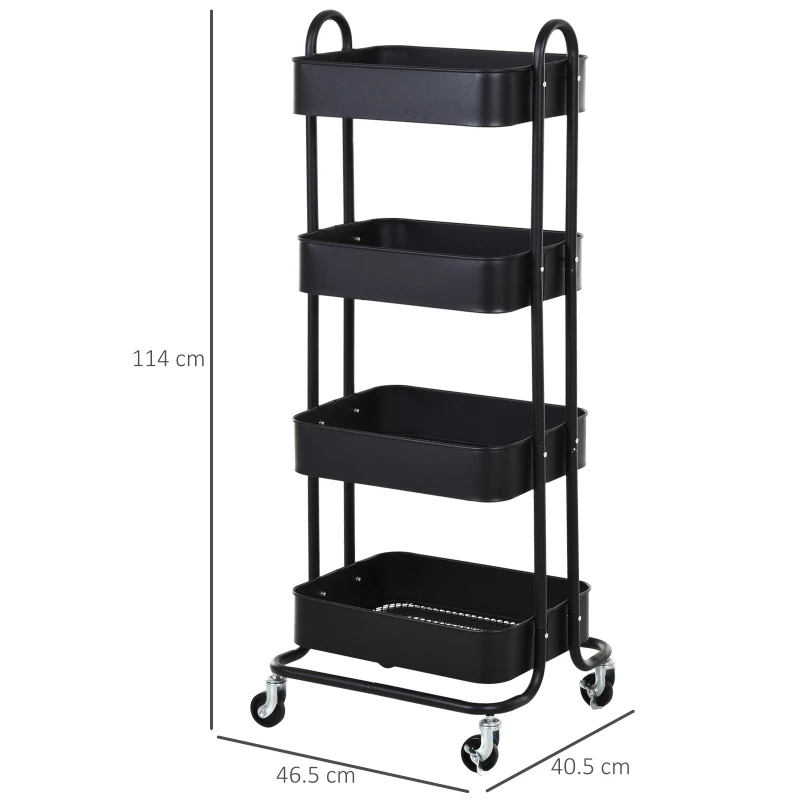 HOMCOM Metal 4-Tier Mobile Storage Serving Trolly Rolling Utility Cart Organiser Kitchen Mesh Bottom Black