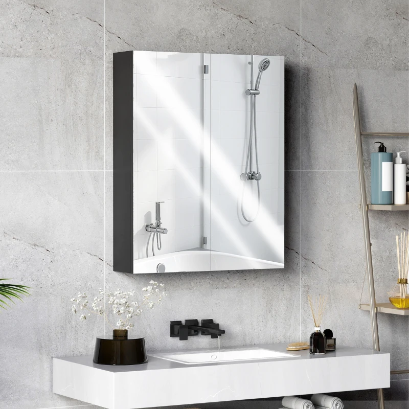 HOMCOM Armadietto Pensile Bagno 2 Ante con Specchiera e 2 Ripiani Interni in MDF, 60x15x75 cm, Nero