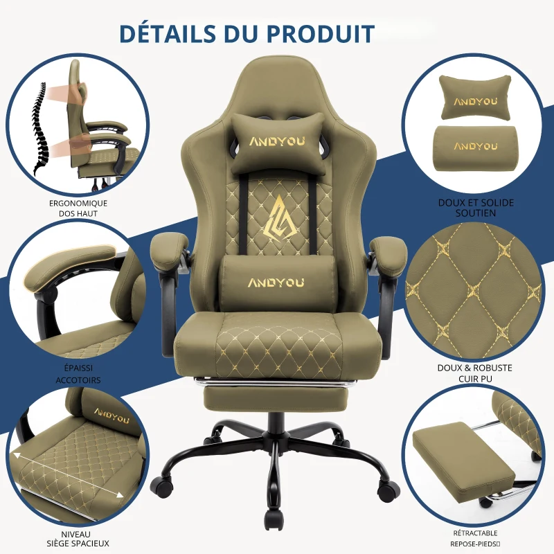 Chaise gaming ergonomique, réglable style racing, assise 100% en mousse à mémoire de forme, coussins appui-tête et lombaires, 60x60x122 cm, Vert