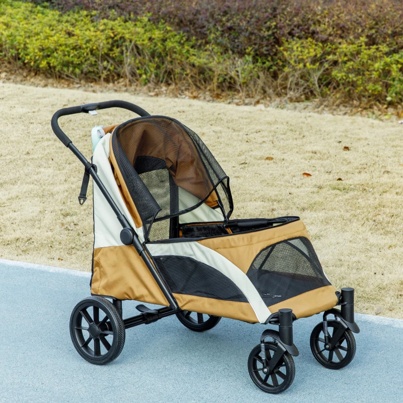 PawHut Hondenwagen, opvouwbare hondenbuggy voor middelgrote honden, dierenwagen met 4 wielen, veiligheidsriemen, remmen, bruin
