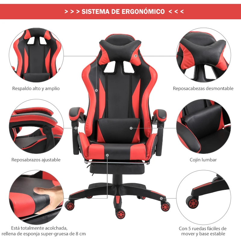 Vinsetto Racing Silla de Escritorio Sillón Gamer Juvenil Giratorio Reclinable Altura Ajustable Reposapiés Plegable de Cuero Sintético PU