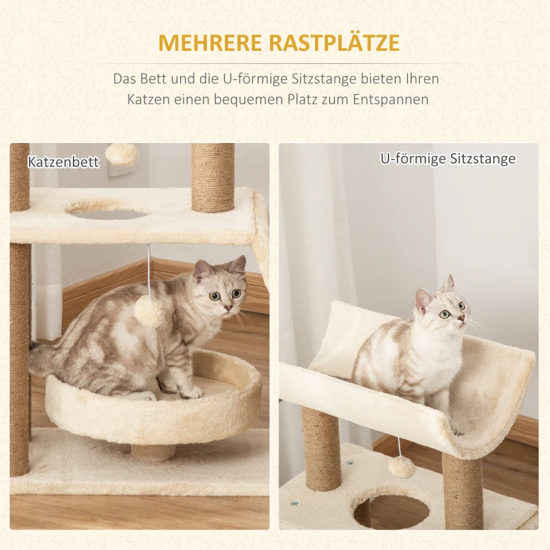 PawHut Krabpaal Kattenboom, inclusief speelgoed en kattenbed, 60 cm x 30 cm x 76 cm, Crème + Natuur