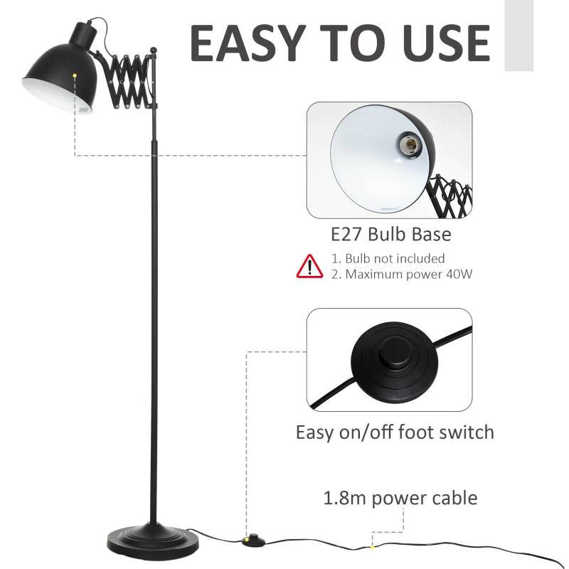 HOMCOM Lampada da Terra 140cm con Paralume Regolabile ed Estraibile, Base Rotonda, Interruttore a Pedale in Metallo Nero