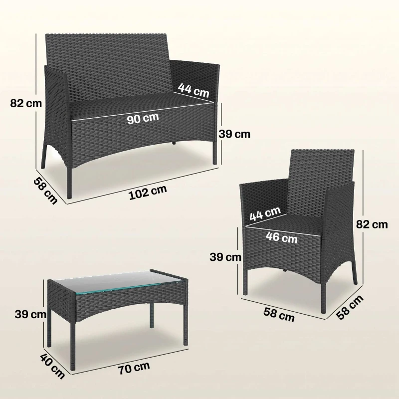 Outsunny 4 Piece Rattan Garden Furniture Sofa Set with Loveseat, Armchairs, Glass-Top Coffee Table and Cushions, Black