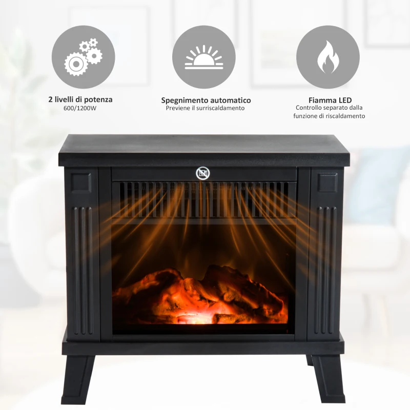 HOMCOM Camino Elettrico da Terra Moderno 600W/1200W con Effetto Fiamma, Caminetto Elettrico con Protezione da Surriscaldamento e Antiribaltamento, 34x17x31 cm, Nero