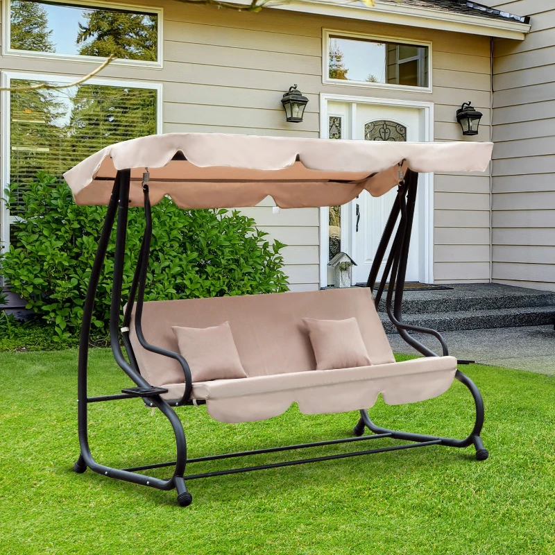 Outsunny Dondolo da Giardino 3 Posti Convertibile in Letto a Dondolo, Tetto e Struttura in Acciaio, 200x120x164cm Marrone Chiaro