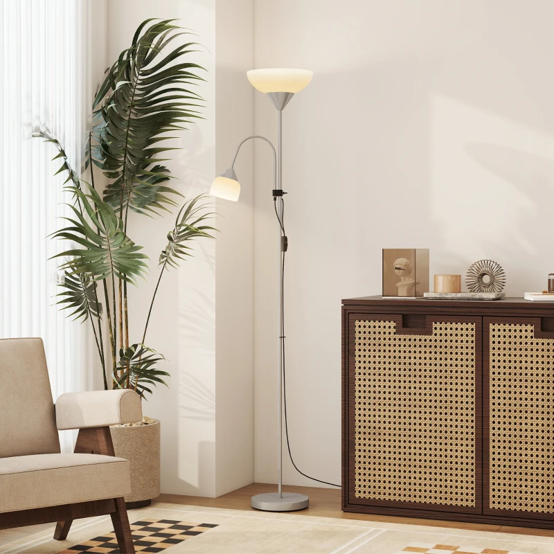 HOMCOM LED Floor Lamp for Living Room, 180cm Tall Standing Lamp, Mother and Child Uplighter with Adjustable Gooseneck, 3000K/4500K/6500K Colour Temperatures, Silver Tone