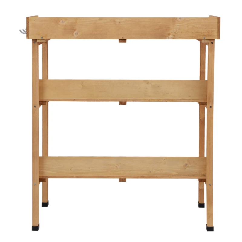 Outsunny Mesa de Jardinería de Madera con Superficie Metálica Estantes y Ganchos para Jardín Terraza 76x37x89 cm Natural