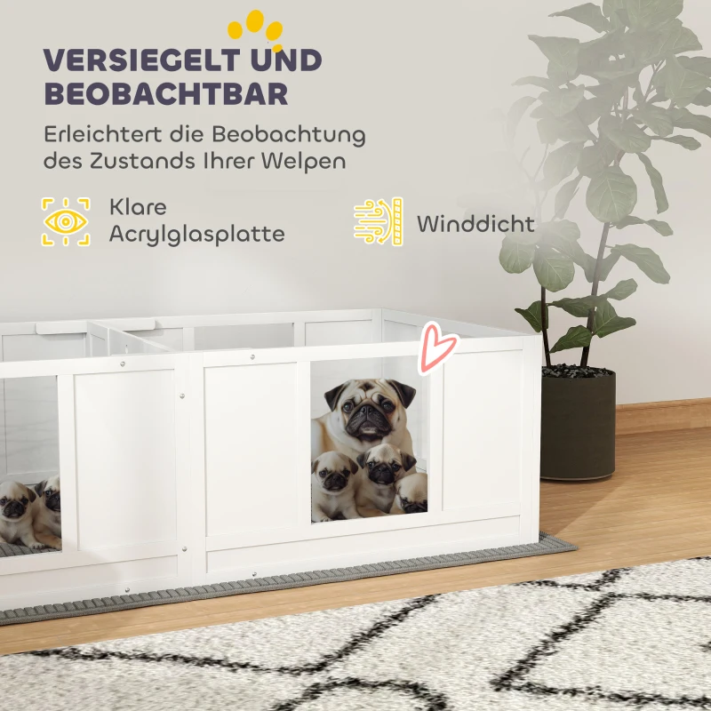 PawHut werpkist voor pups, puppybox met 2 kamers, hondenren met deur voor kleine honden, 164x80x48 cm, wit