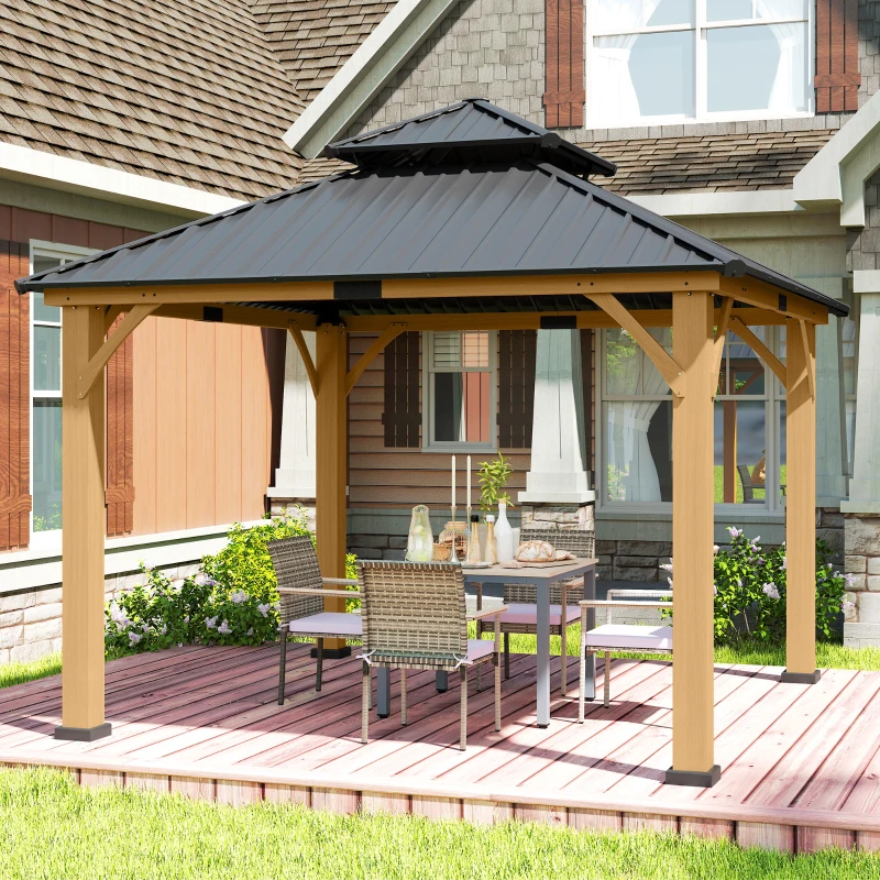 Outsunny 3.5 x 3.5m Outdoor Hardtop Gazebo Canopy with Two-tier Metal Roof and Solid Wood Frame Outdoor Patio Shelter for Patio, Garden, Black