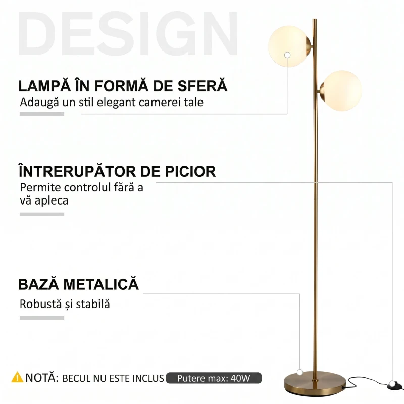 HOMCOM Lampă de Podea cu 2 Lumini și Abajururi Sferice, Comutator de Picior și Soclu E27, Ø28x165 cm, Aur