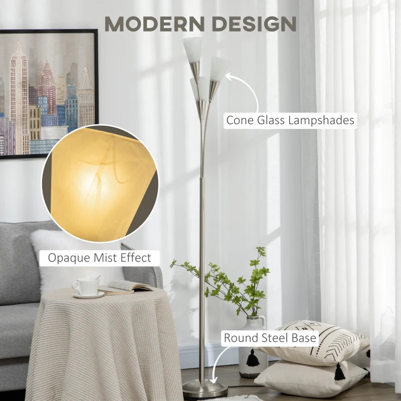 HOMCOM Modern Standing Lamp, 3-Light Upright Floor Lamps for Living Room, Silver Tone