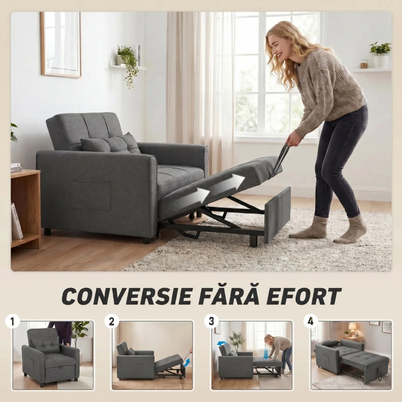 HOMCOM Fotoliu Pat Single 3 în 1 din Material Textil Tip In și Lemn cu Spătar Reclinabil, Pernă, Buzunare, Gri