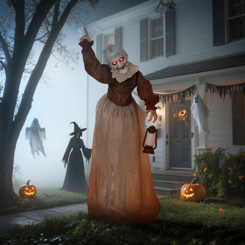 Outsunny 150 cm Halloween Decoratie Halloween Heks met LED-Lichten, Geluidsfunctie verstelbare armen, hoofd
