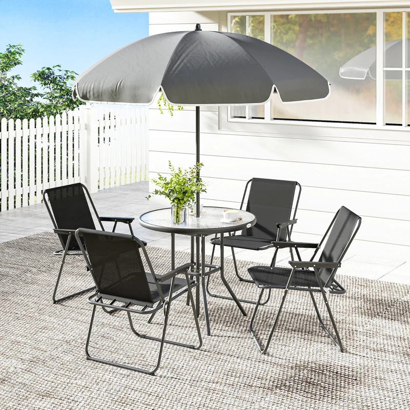 Outsunny 4 Seater Garden Furniture Set, 6 Pieces Garden Table and Chairs with Parasol for Patio, Black